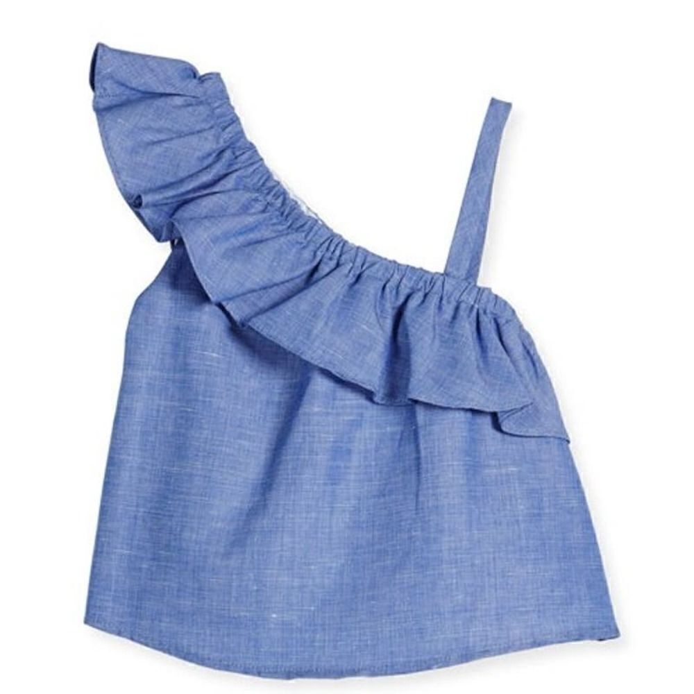 Milly Minis Ruffle-Trim Chambray Top, Blue Sz. 14